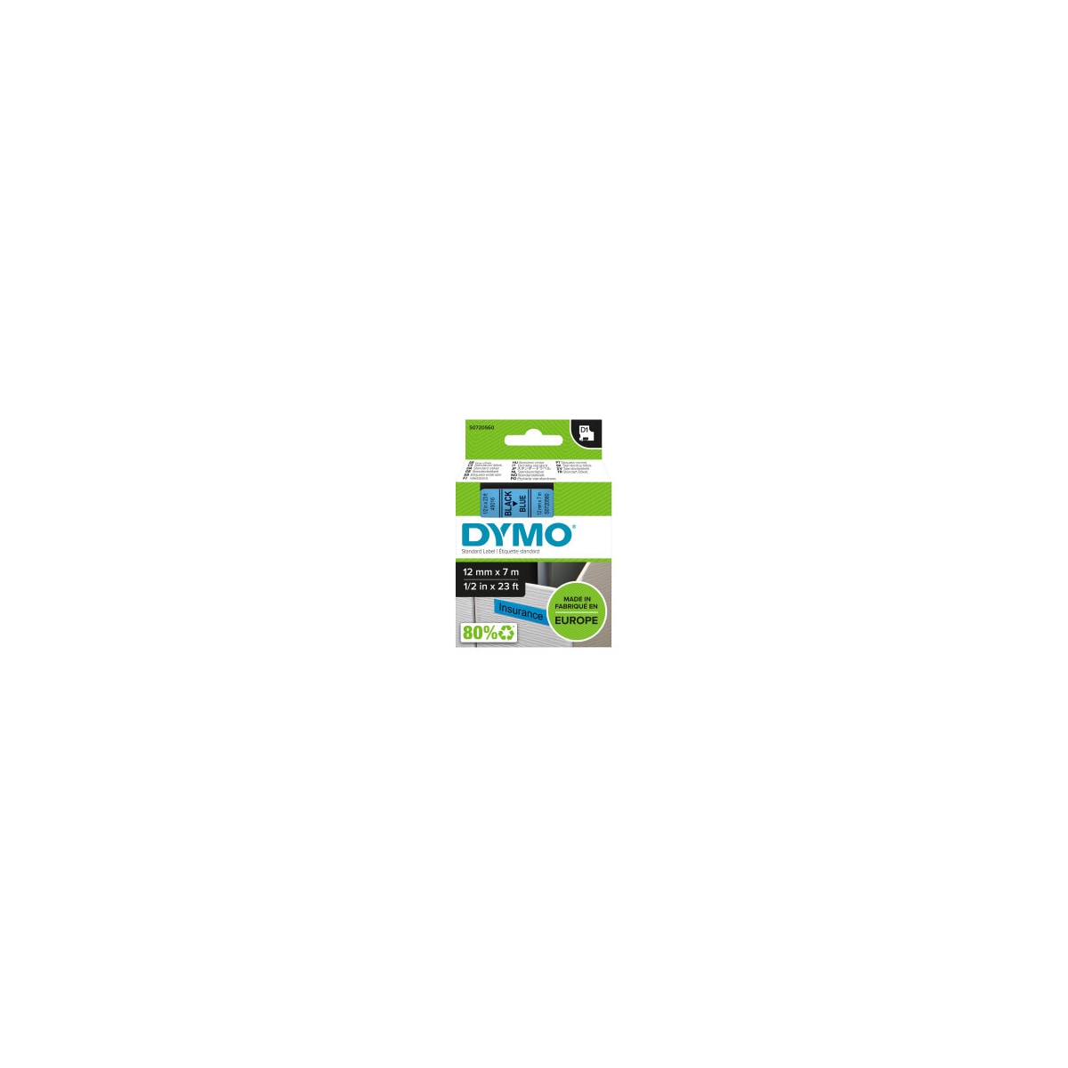 DYMO D1 märktejp standard 12mm, svart på blått, 7m rulle (45016)
