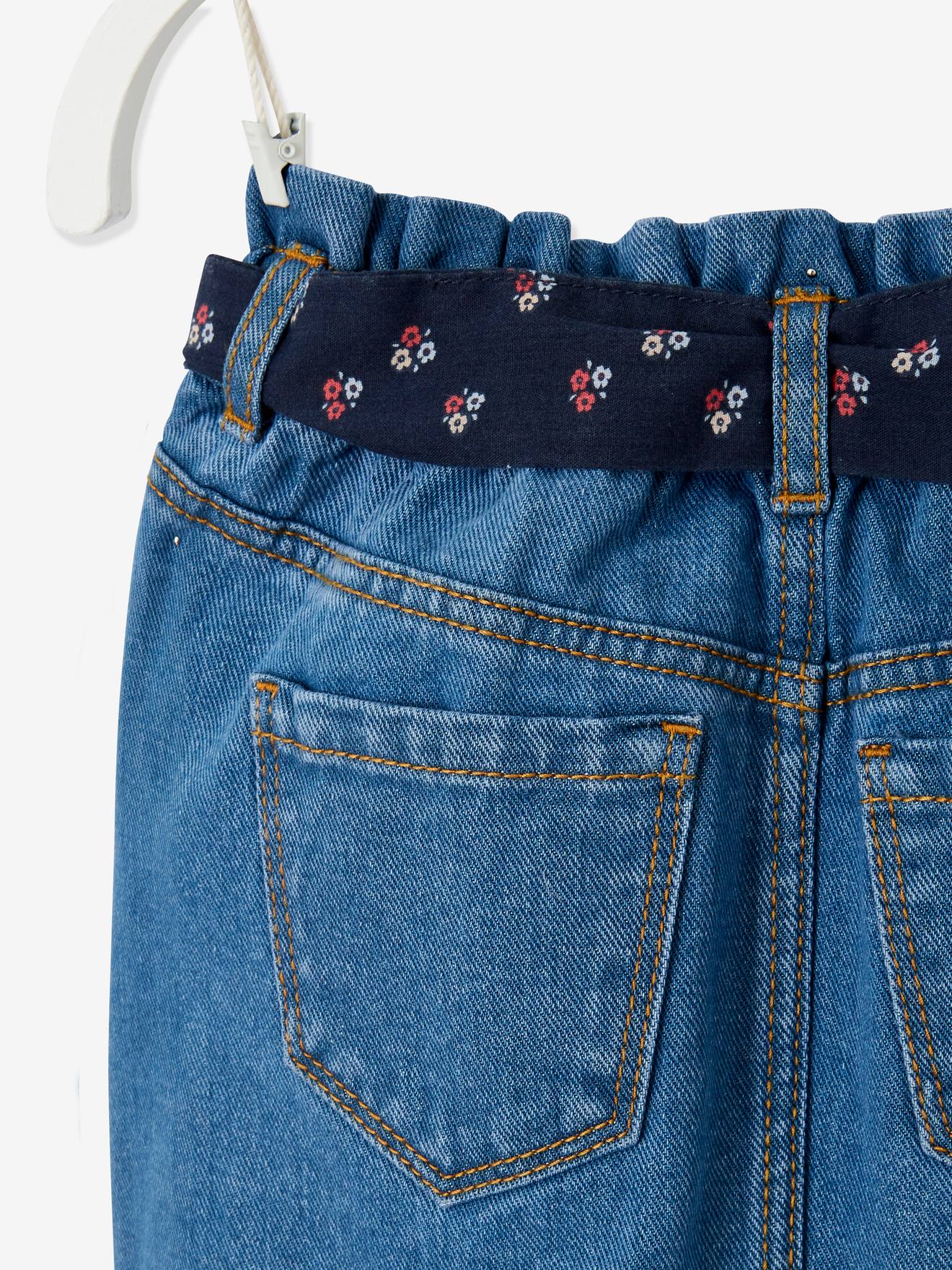 Saia jeans azul-escura com cintura alta e amarração para meninas