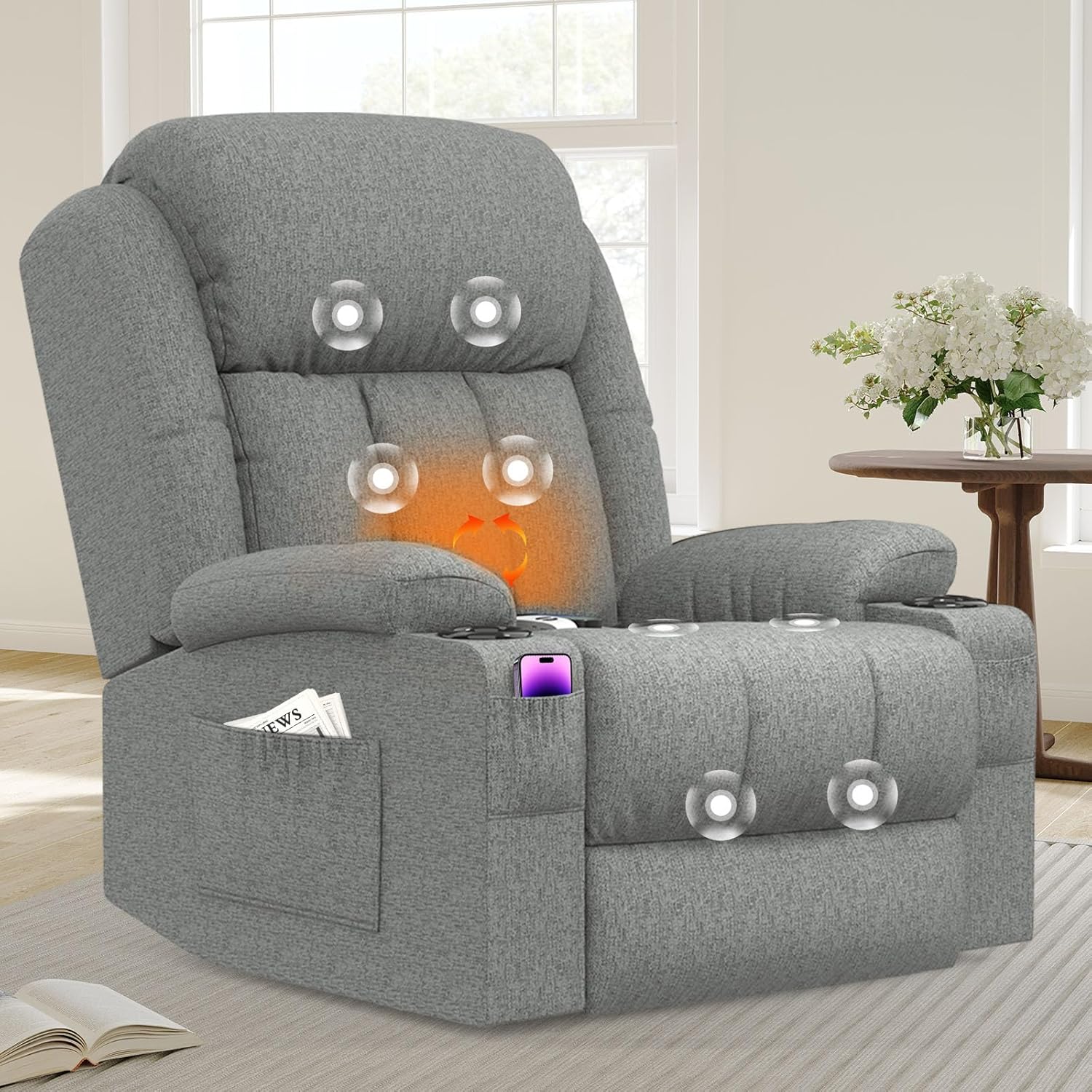 Fernsehsessel Massagesessel Elektrisch Relaxsessel mit Liegefunktion Aufstehhilfe, Massage Heizung, Fußteil, Getränkehalter 4 Seitentaschen,TYP C & USB-Anschlüsse Leder Sessel