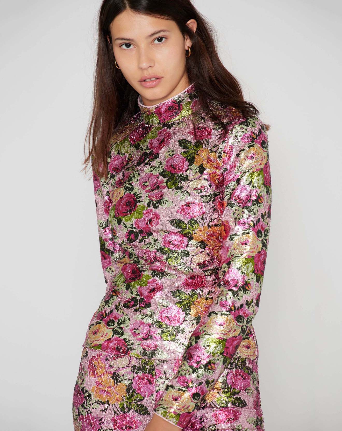 Manoush Top Roses à sequins rose