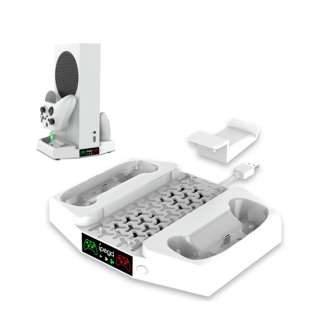 4in1 Xbox Series S Dual Controller Ladestation Dockingstation mit LED Ladeanzeige   Lüfter und Headset / Konsolen Halterung - Weiss