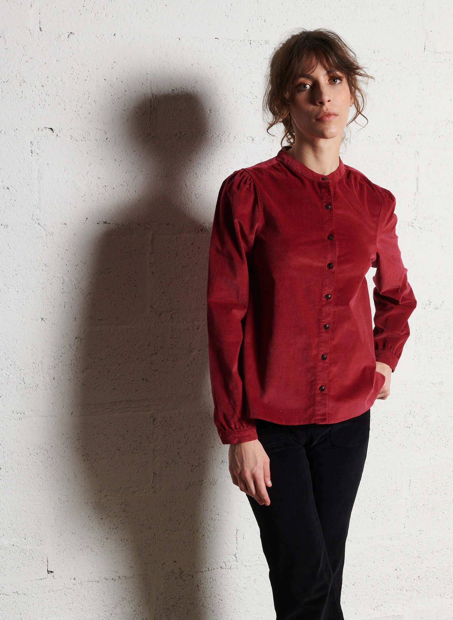 BLONDIE - Chemise col rond droite en coton mélangé | Rouge