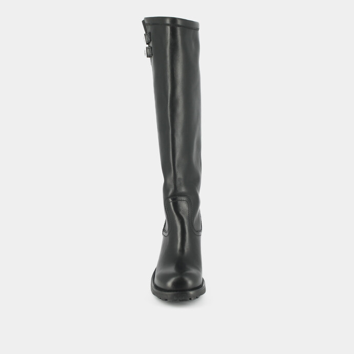 Bottes à talons, semelles crantées et bouts ronds  cuir noir