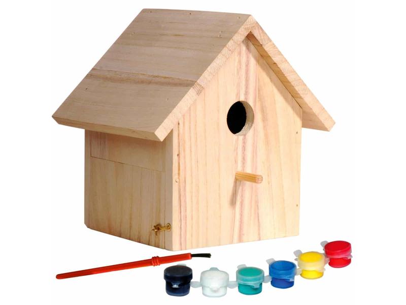 dobar Nistkasten Bastelset, 17.5 x 15.5 x 20.5 cm, Holz Bausatz für Kinder mit Pinsel und 6 bunten Farben