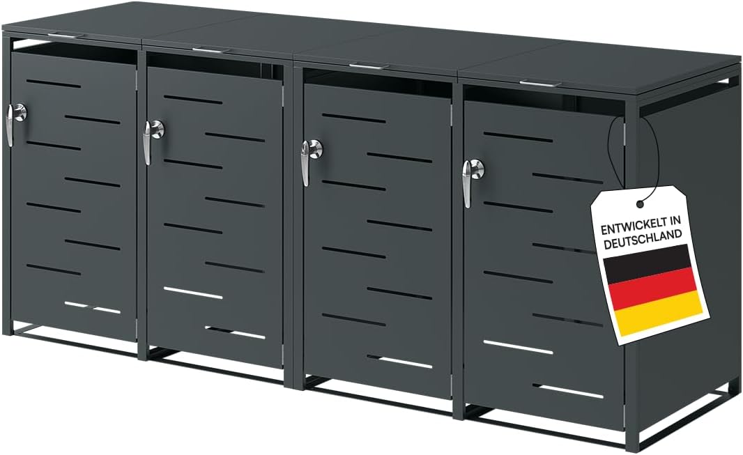 STEELSØN Diorus Mülltonnenbox 4er bis 240L abschließbar – Hochwertige Mülltonnenverkleidung für 4 Tonnen – Müllbox Stahl – Müllcontainer Anthrazit - Mülltonnen Box wetterfest – Gerätebox mit Schloss