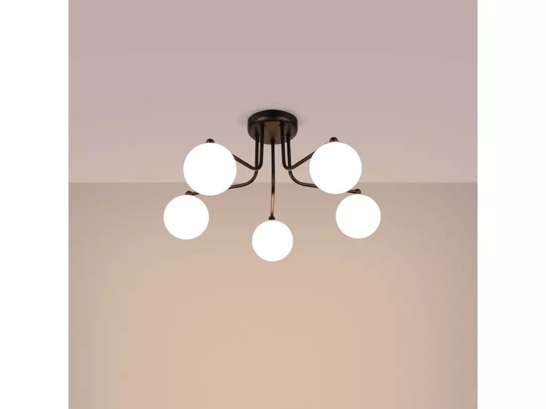 Lustre Astral minimaliste en acier/verre - 5 sources lumineuses - L.58 x H.29 cm - noir/blanc