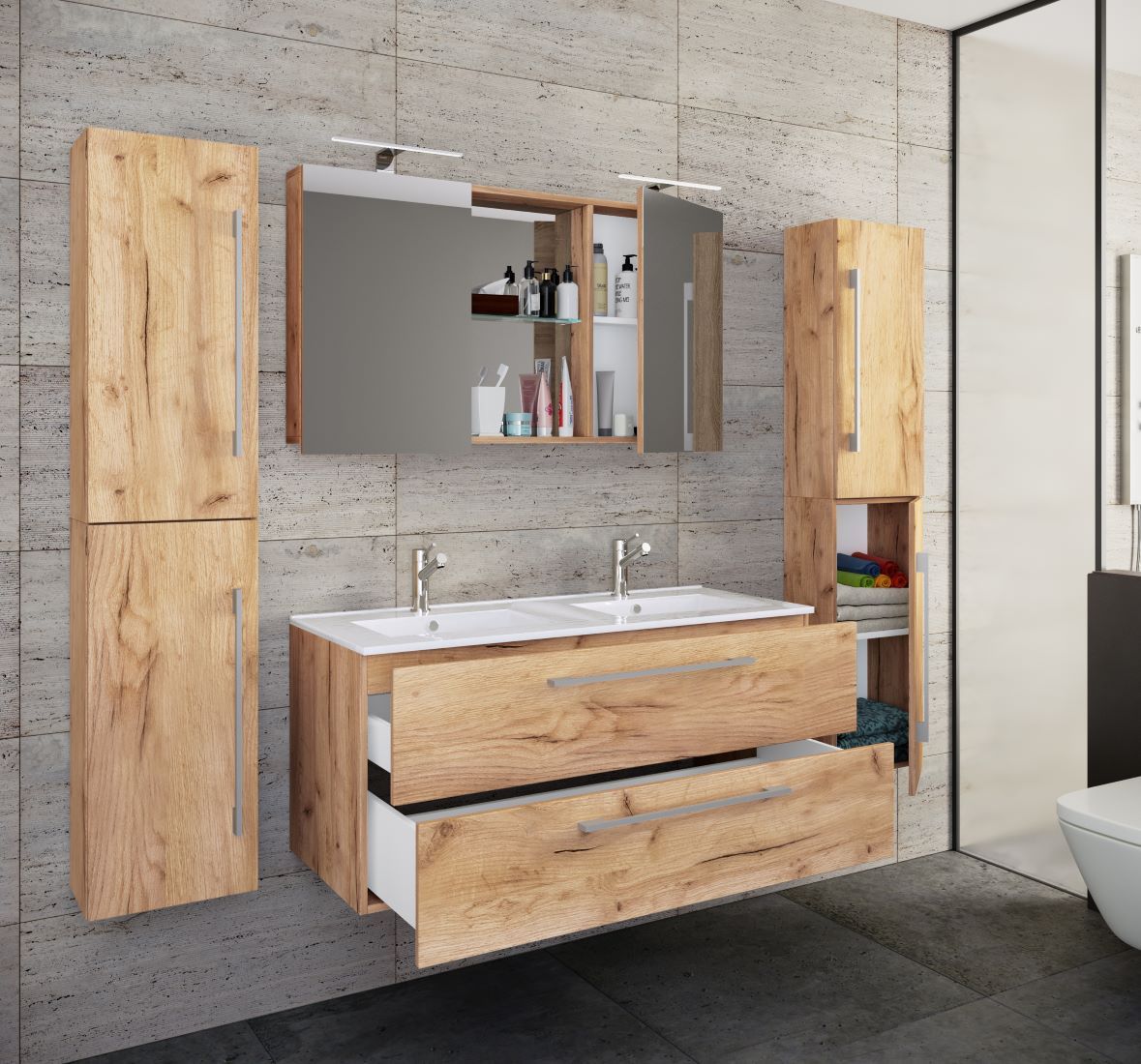 5-teiliges Badmöbel-Set BUDASI - Honig Eiche - Spiegelschrank - 177 cm breit