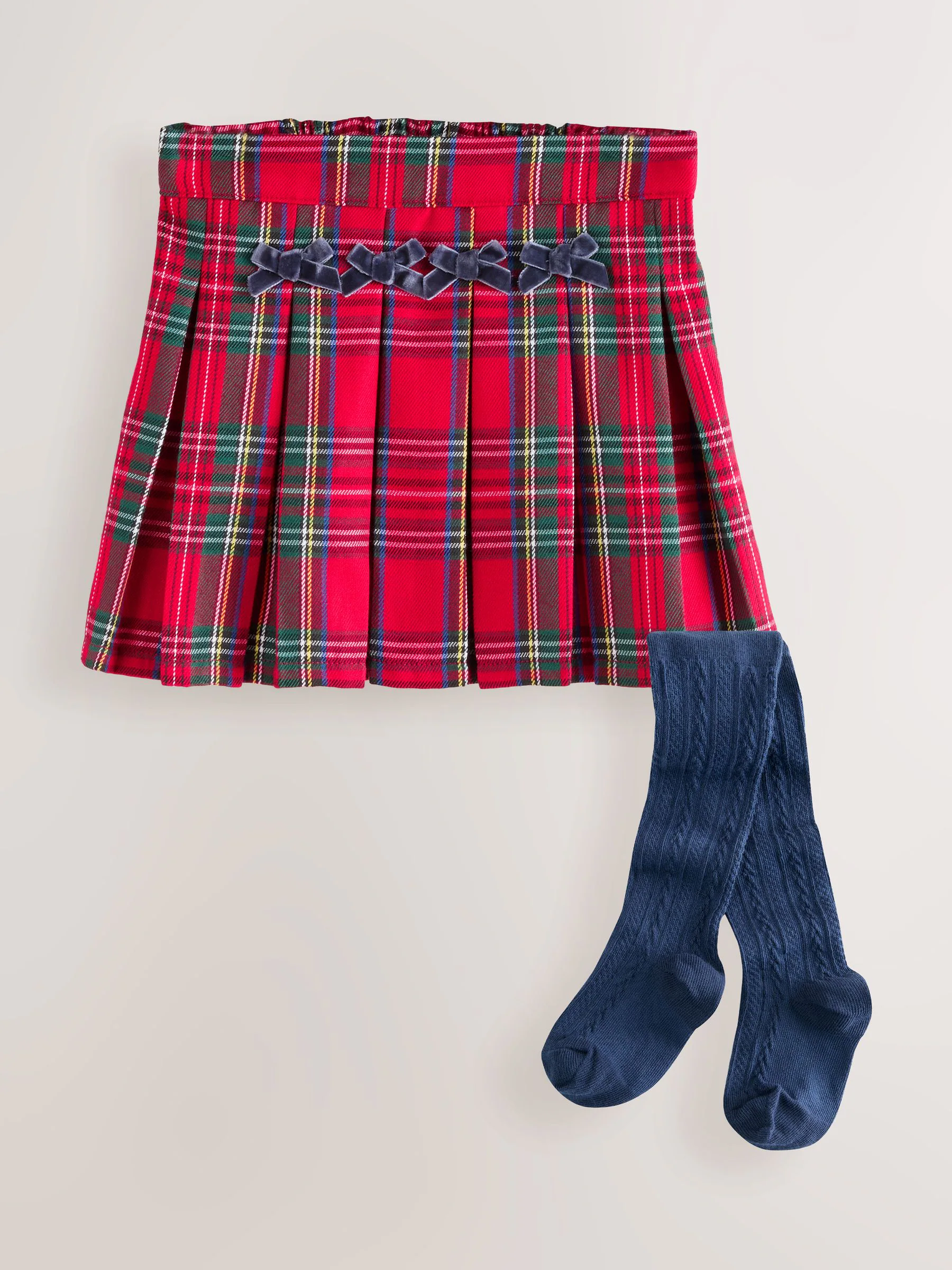 Rood - Tartan Bow Skirt with Navy Tights (3mths-7yrs)