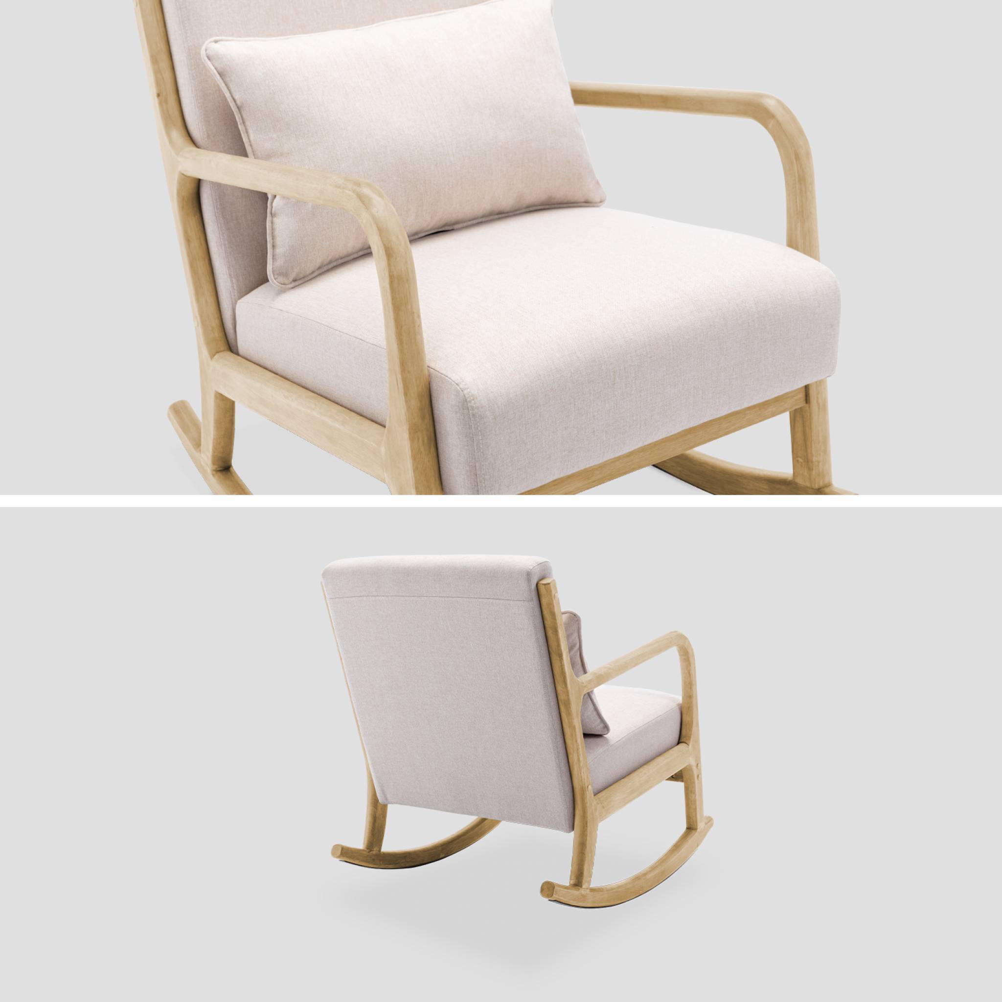 Fauteuil à bascule design en bois et tissu. 1 place. Rocking chair scandinave. Beige