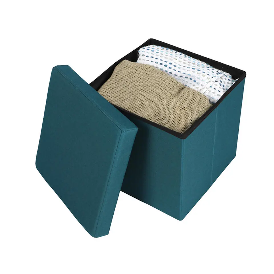 Urban Living poef/hocker/opbergbox - zeeblauw - mdf/stof - 38 x 38 cm