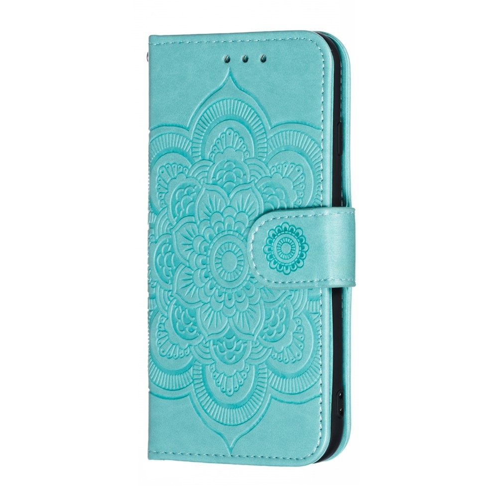 iPhone SE (2022/2020) / 8 / 7 Leder Tasche Wallet - Mandala Flowers Imprint - Türkis
