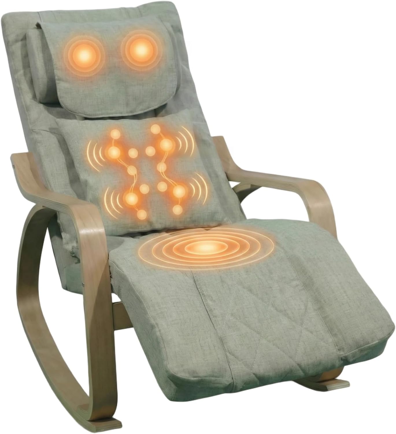 Massage Schaukelstuhl, Relaxsessel, Fernsehsessel mit 3 Zonen Massage, Massagesessel mit Waermefunktion verstellbare Kopfstuetzte und Fußstütze, Bezug abnehmbar 150kg belastbar, Beige