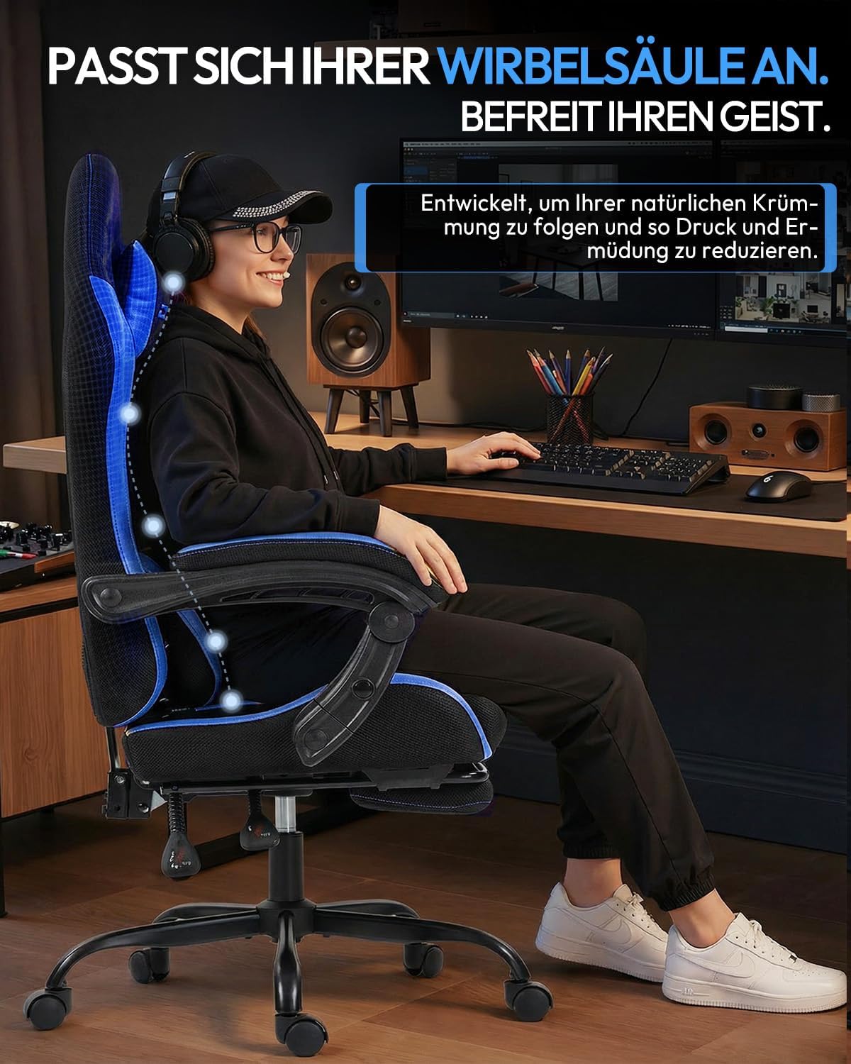Nexthra Gaming Stuhl Bürostuhl Gaming Sessel mit höhenverstellbaren Linkage-Armlehnen, ergonomischer Gamer Stuhl mit Fußstütze, gepolstert Gaming Chair 150° neigbar bis 180 kg, Blau