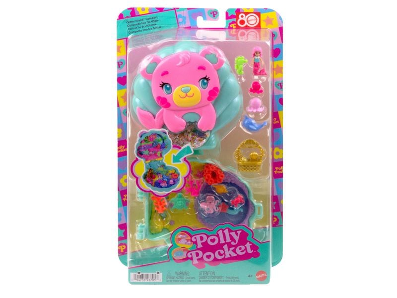 Polly Pocket Spielset Meer-Bär Schatulle Spiel-Set mit 1 Mini-Meerjungfrauenpuppe und Meerestieren, Reisespielzeug mit passendem Zubehör