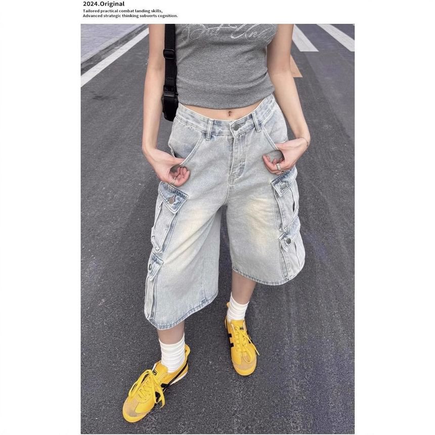 Striinkie - Hoge taille gewassen wijde cargo denim jorts