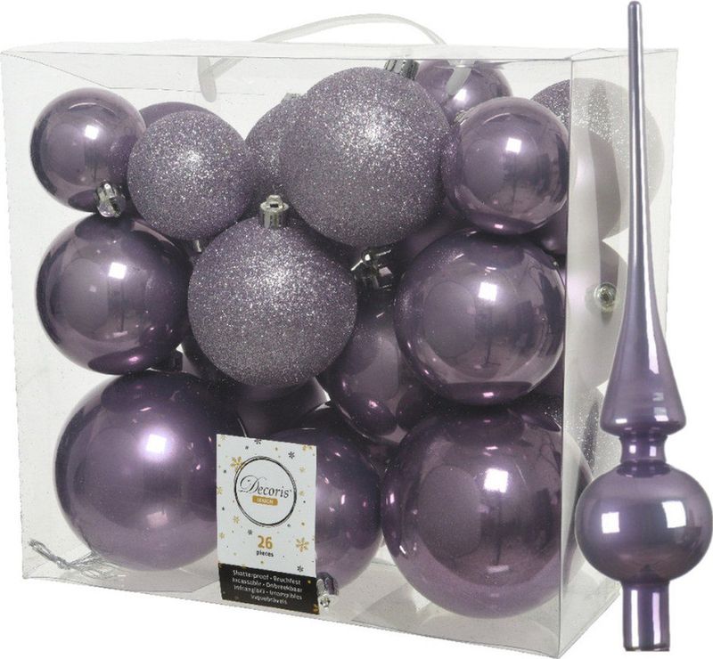 Kerstballen - Lila Paars - Kunststof - Set van 26 Stuks inclusief Glazen Piek