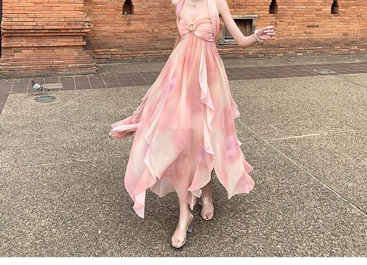 Faiar - Halter Tie Dye Bloemenaccent Split Ruffle Trim Midi A-lijn Zomerjurk