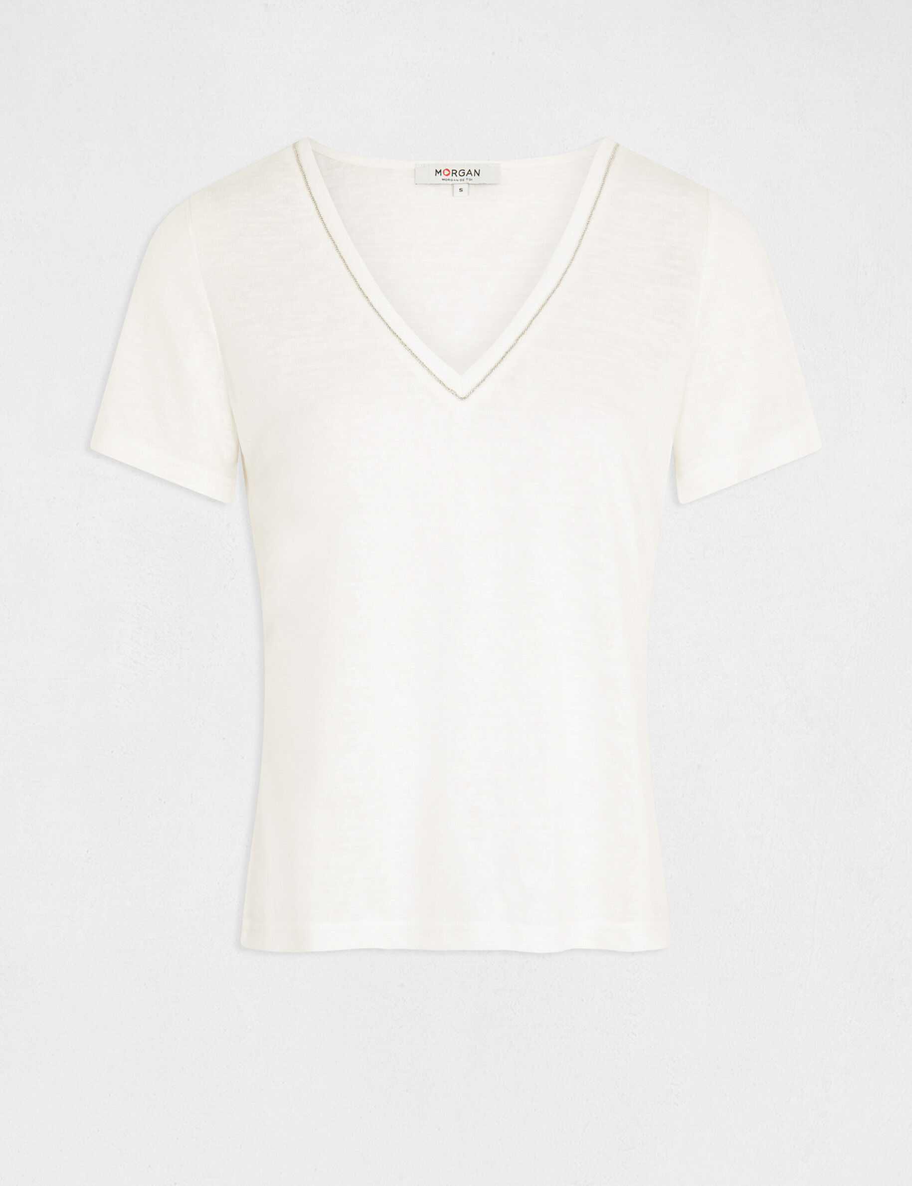 T-shirt manches courtes à col en V ecru femme - ecru