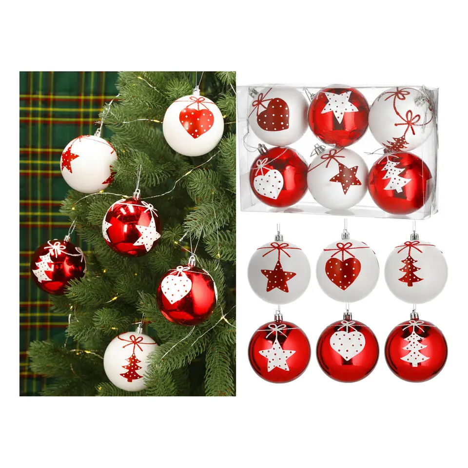 Cepewa Kerstballen - 6x - rood - wit - kunststof - 6 cm