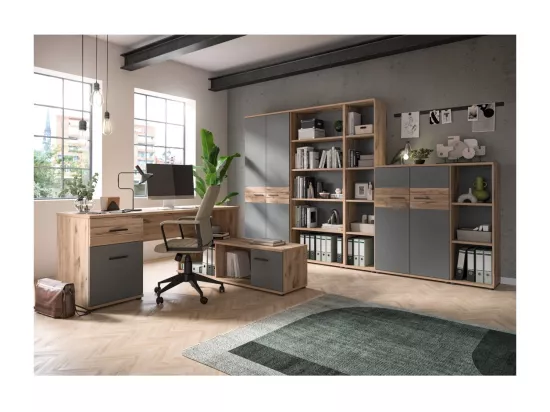 Petite armoire de rangement de bureau 2 portes – Gris anthracite et chêne clair – SELMA