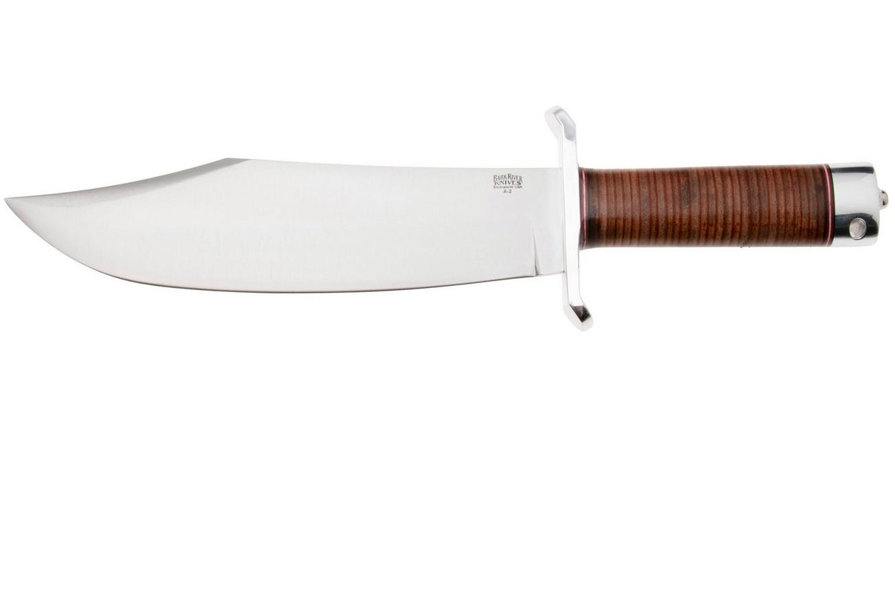 Bark River V-44 Bowie A2 Stacked Leather, Brass Double Quillion, bowie-mes