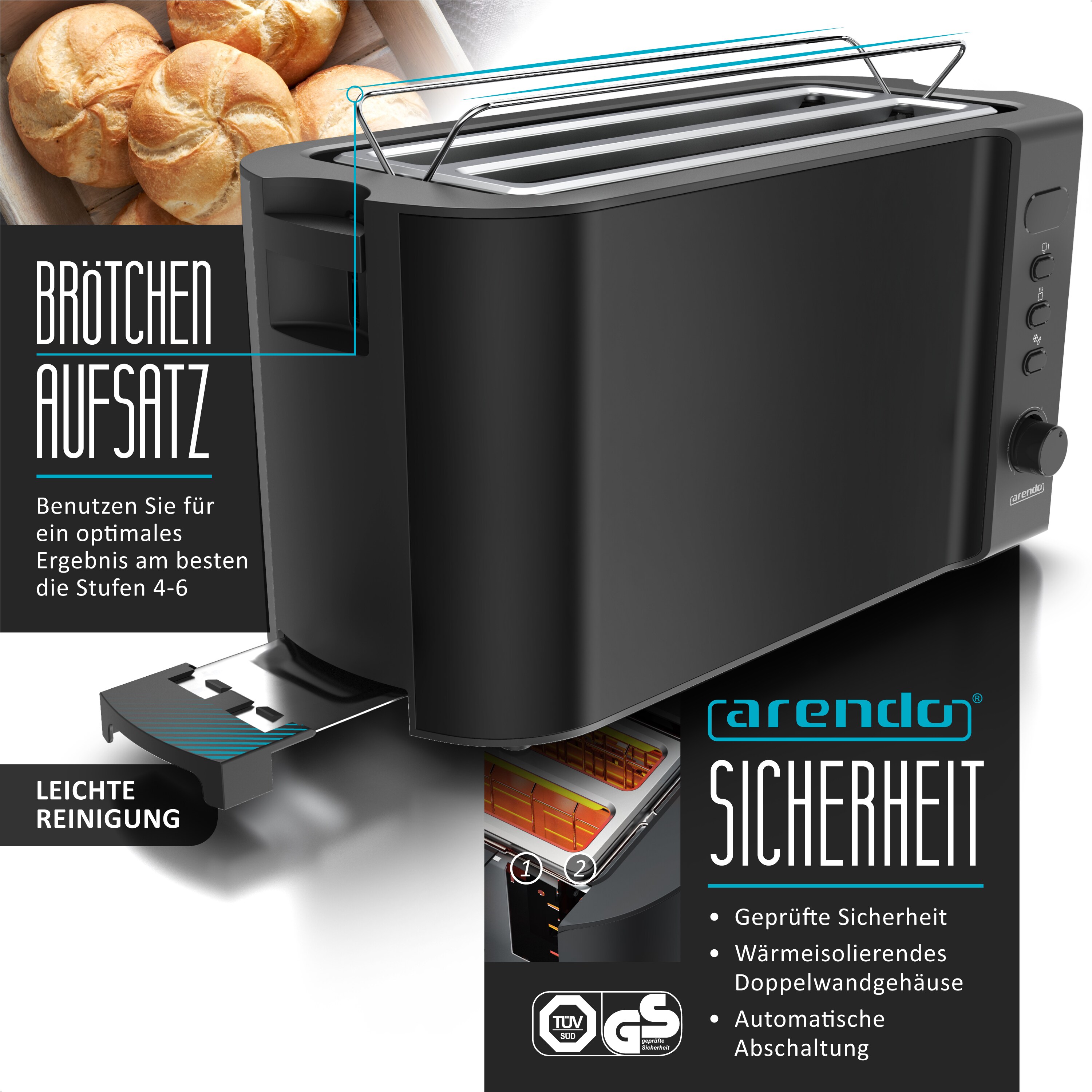 Arendo Frühstücks-Set Wasserkocher 1,5l, 4-Scheiben Toaster, 6er Eierkocher, Schwarz