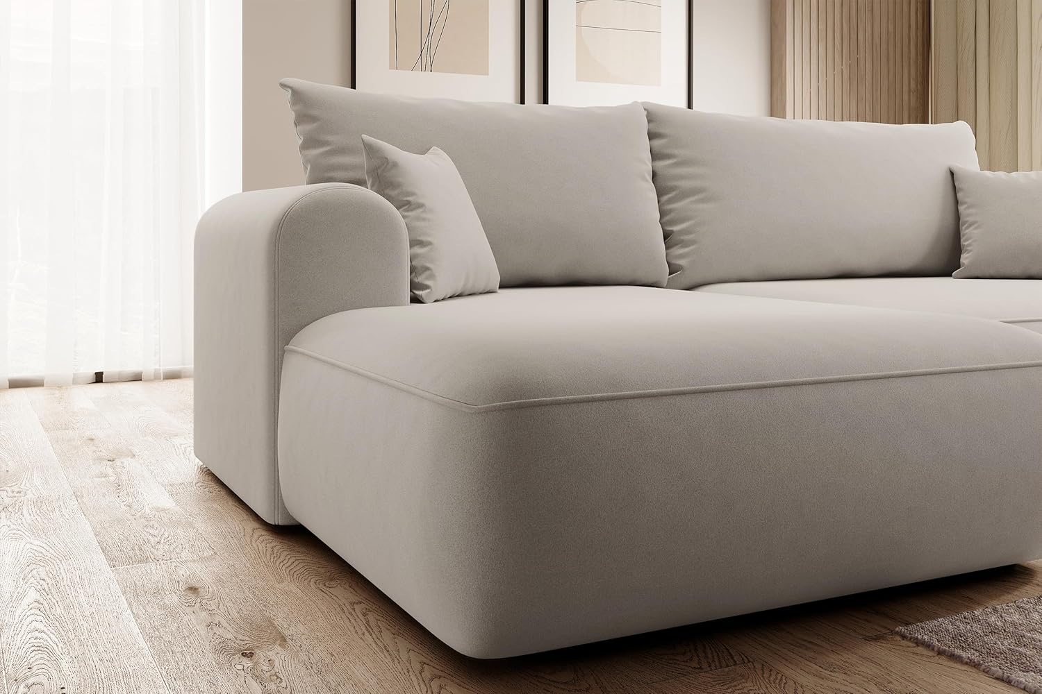 Selsey OVO - Ecksofa mit Schlaffunktion, Bettkasten, Ottomane Links, Easy-Clean-Veloursbezug in Cremeweiß
