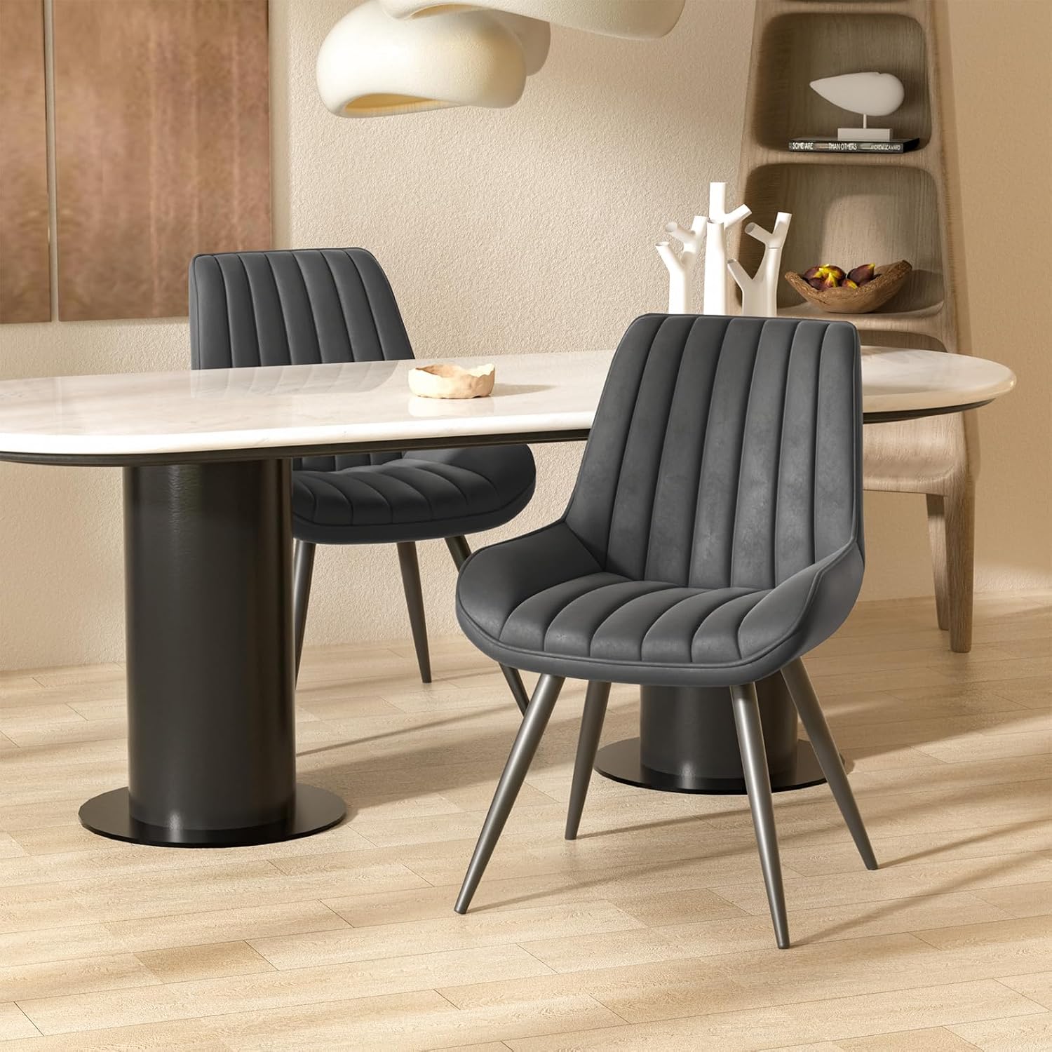 Esszimmerstühle 2er Set | Polsterstühle mit 10 cm Sitzkissen • künstlicher Stoff Dining Chair • Küchenstuhl mit Rückenlehne • Moderne Sessel • Metallbeine • Dunkelgrau FU01043DG-2