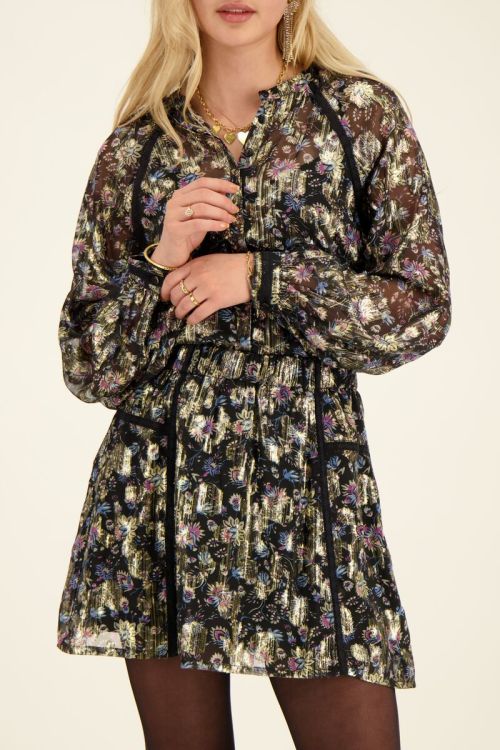 Zwart jacquard rokje met goudkleurige print