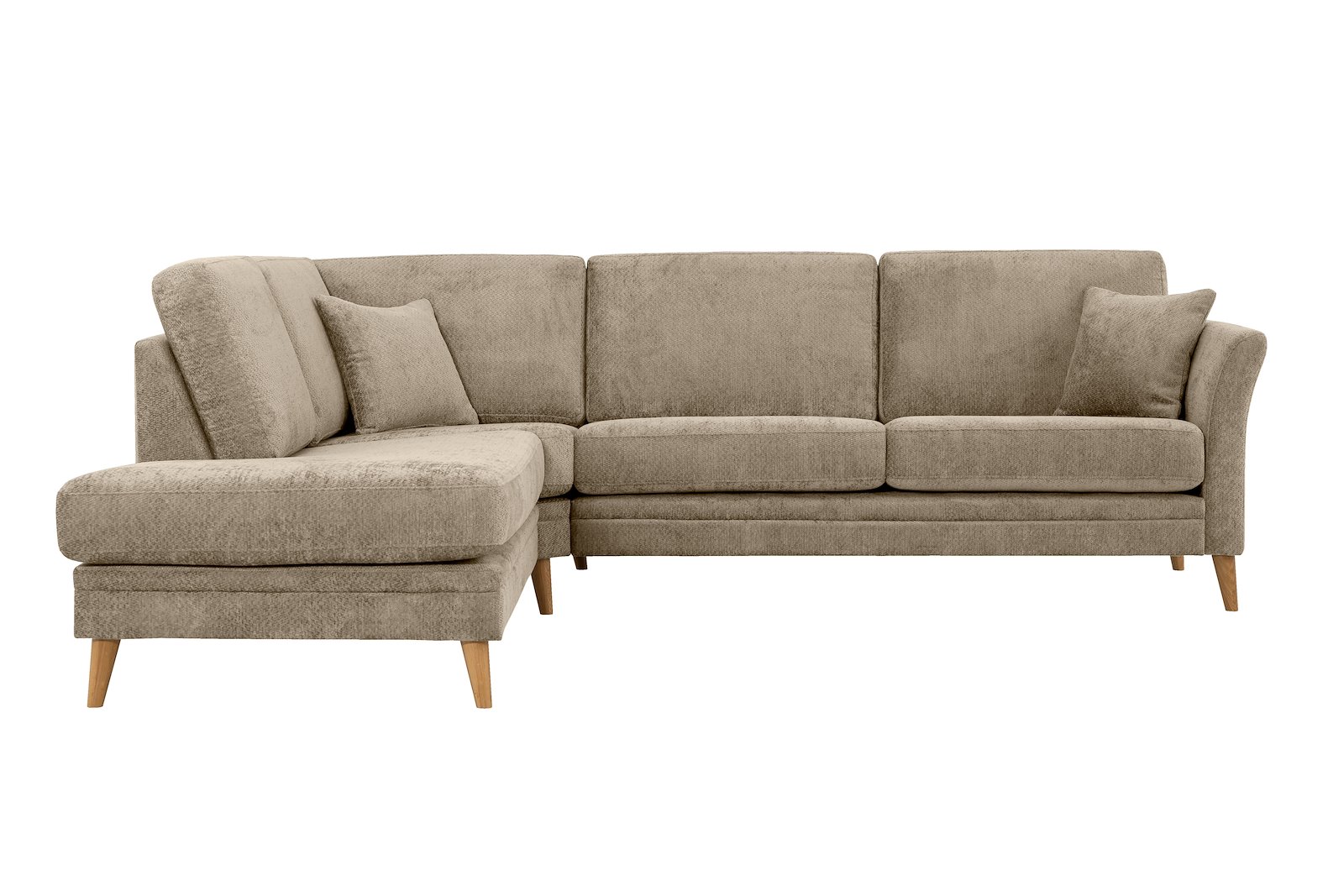 Eden hjørnesofa 2,5-seter med åpen ende venstre. Tekstil Movie 9 Cappuccino med ben i eik natur (15137).