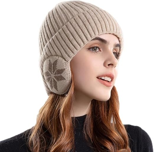 Unisex Strickmütze Ohrenwärmer Winter Mütze Schneeflocken Design (One Size) - Schwarz