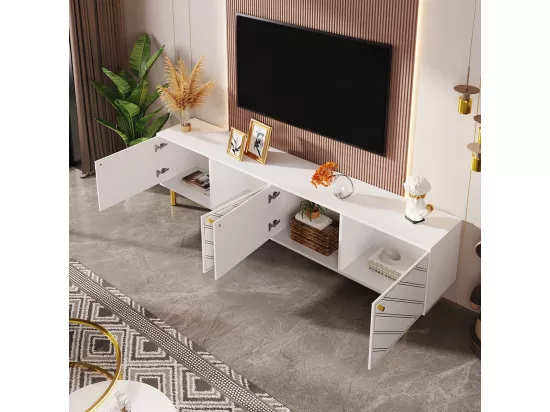 Banc TV avec quatre portes,poignées et pieds en métal doré,170x30x60 cm,Blanc