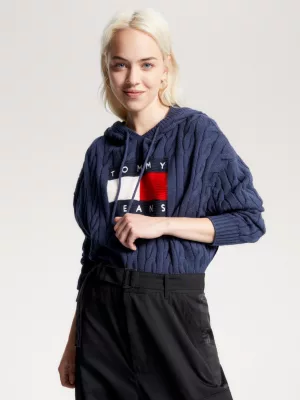 Moletom cropped com capuz e emblema de bandeira em tricô