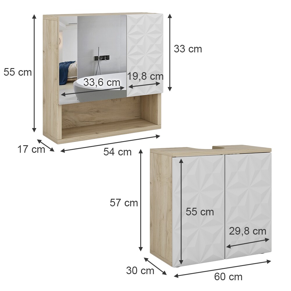 Vicco Badmöbel-Set Badezimmer-Möbel Bad-Schrank Edge Eiche Weiß modern Badezimmerschrank Waschbeckenunterschrank Spiegelschrank Badezimmerkommode