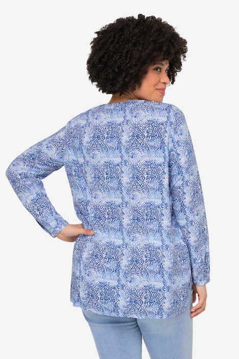 Bluse, Alloverdruck, Tunika-Ausschnitt, Langarm