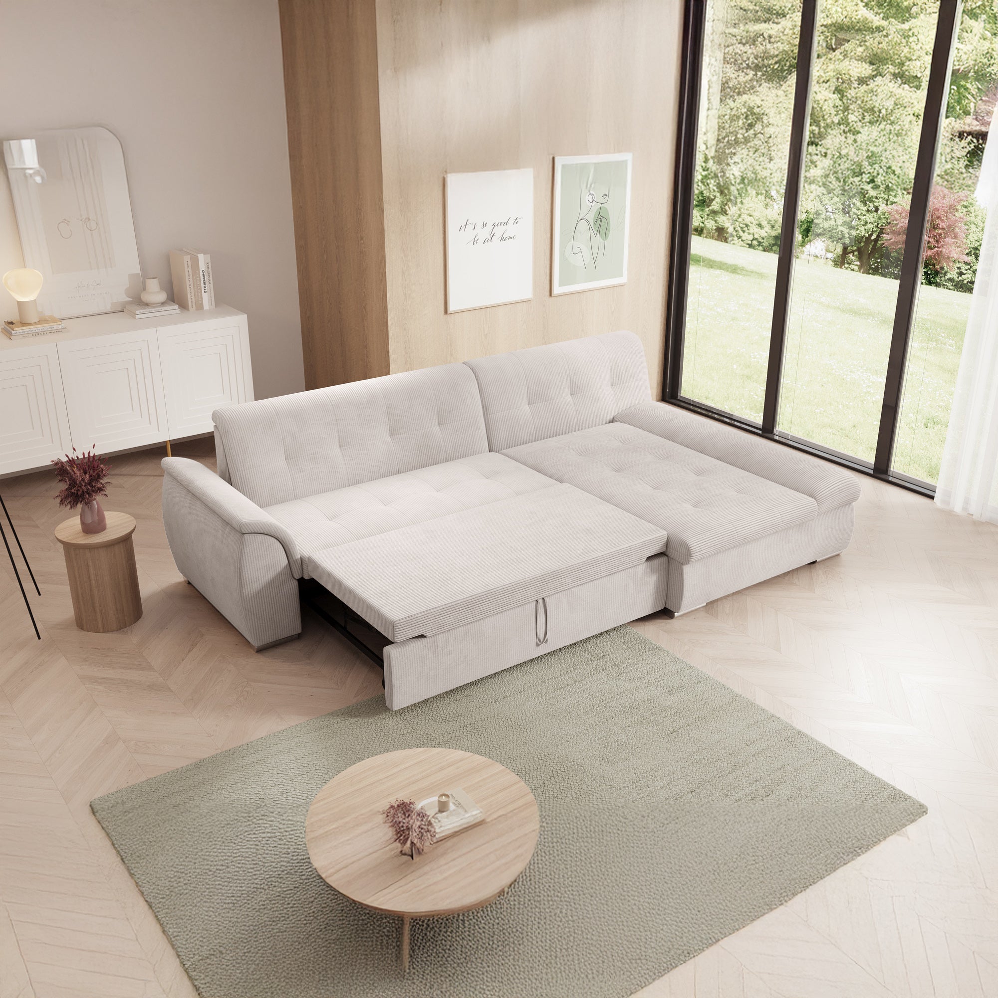 Alberta - Hoekbank 3-zits met slaapfunctie - Ribstof beige - Rechts - 286x170x80 cm