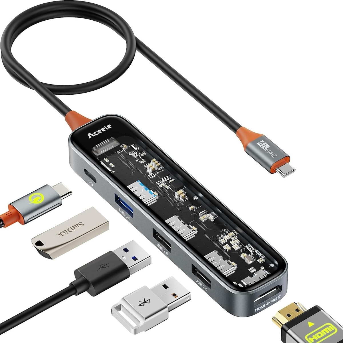 NÖRDIC USB-C 1 til 5 huber 1xHDMI 4K60Hz, 1xUSB-C PD 100W, 3xUSB-A, 30cm
