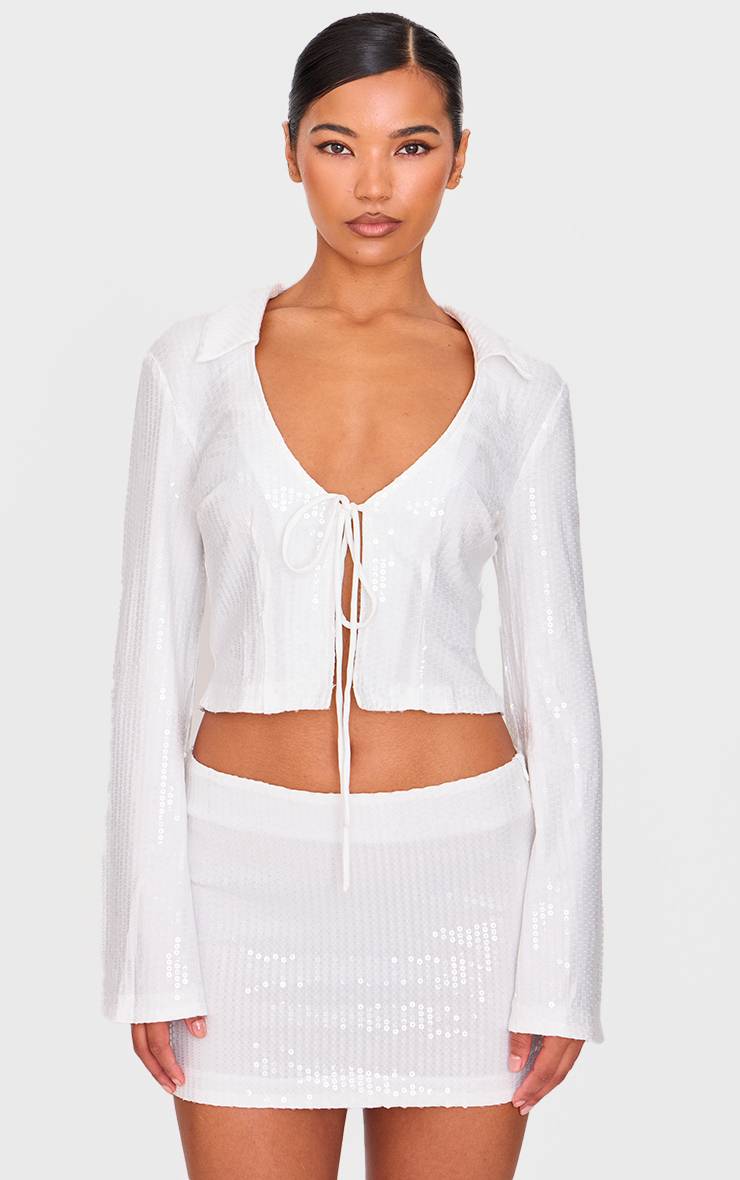 Blanc Chemise À Manches Longues Imprimé Léopard À Paillettes Avec Détail Noué Devant