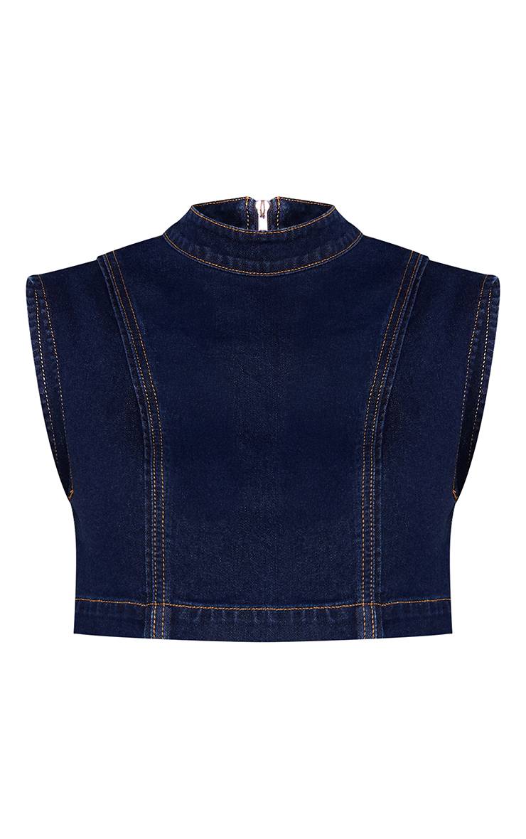 Bleu Indigo Top Court En Denim Col Montant À Épaules Prolongées