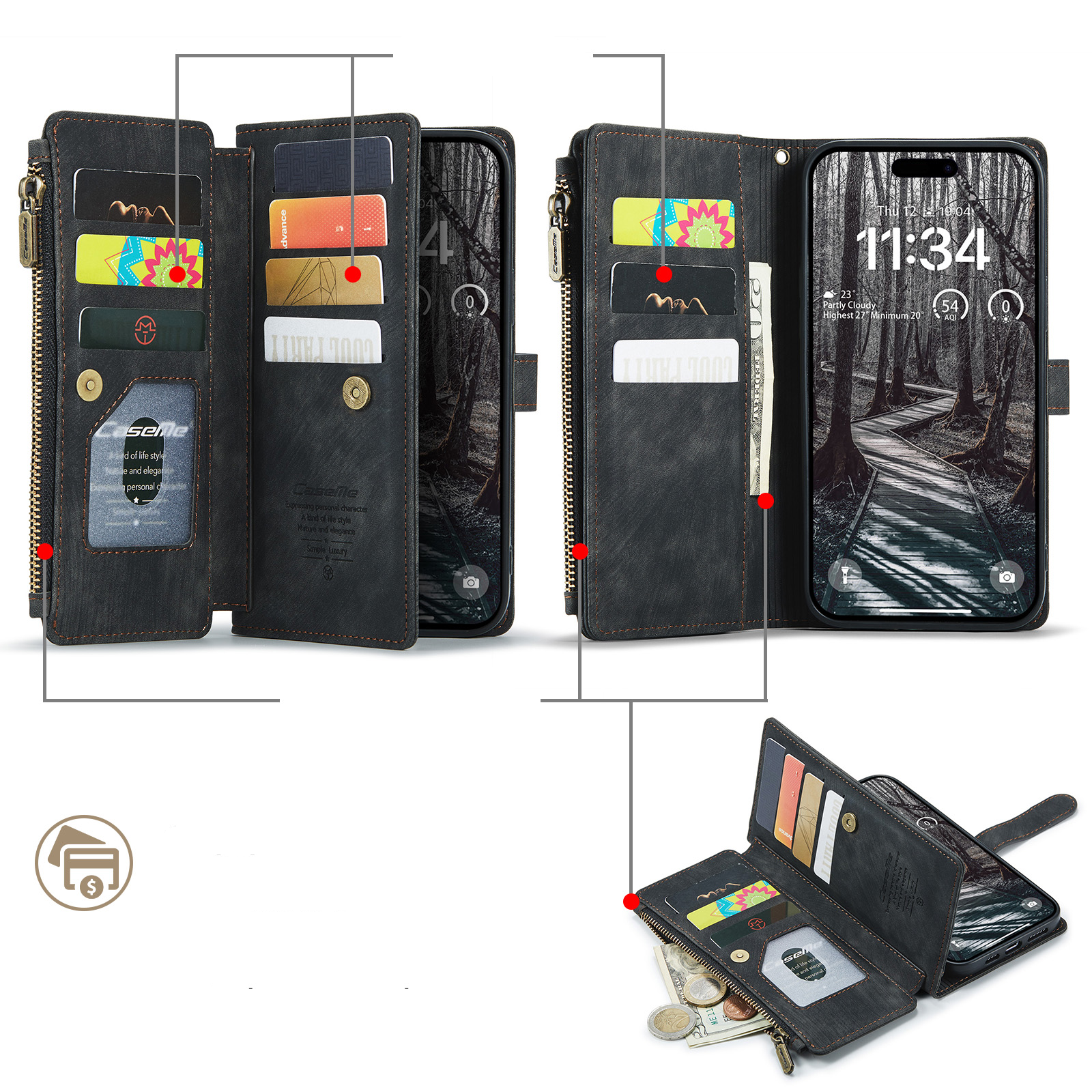 iPhone 17 Pro Max 2in1 Leder Tasche Karten Etui - Schwarz