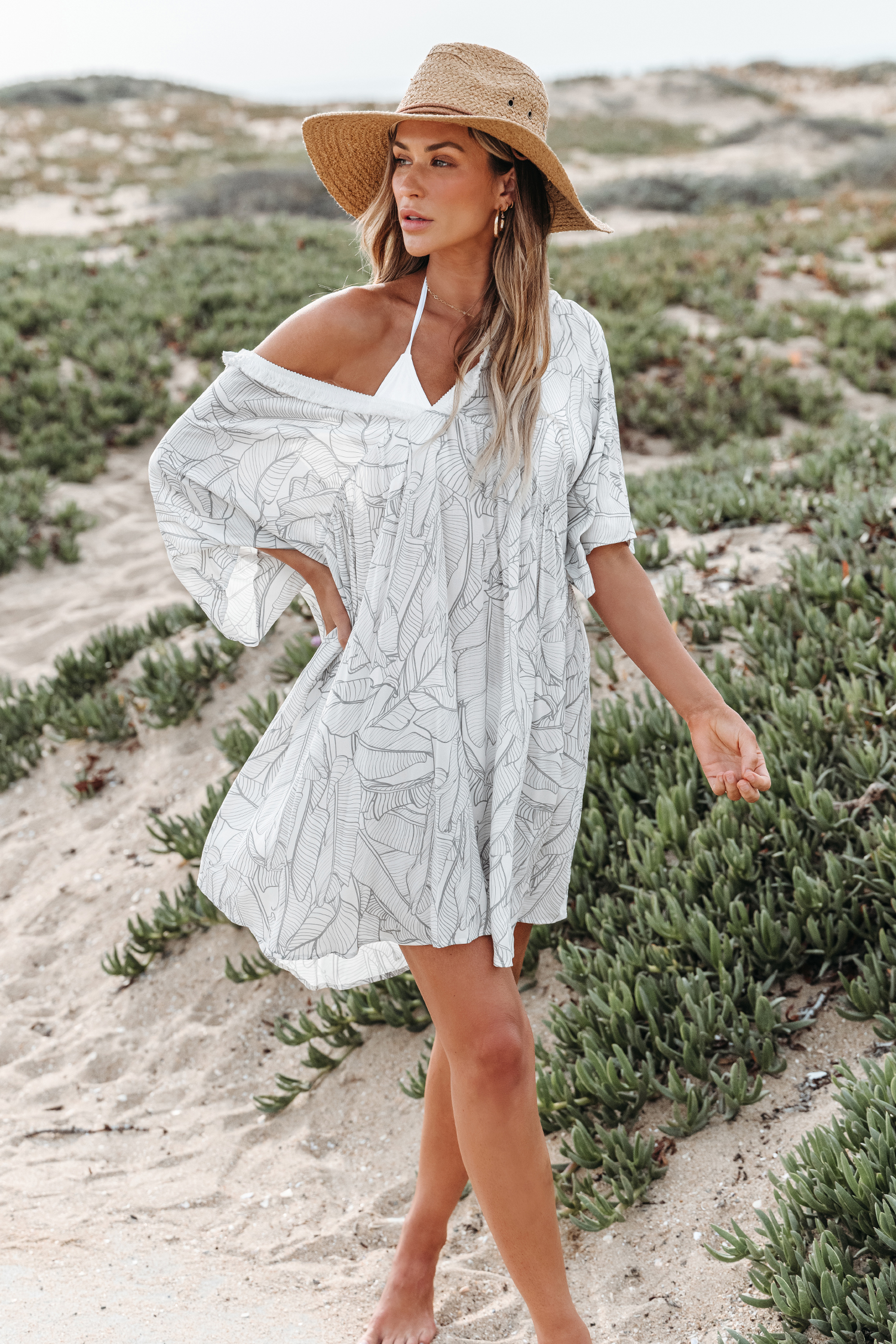 Robe cover up midi à col en V plongeant avec palmes
