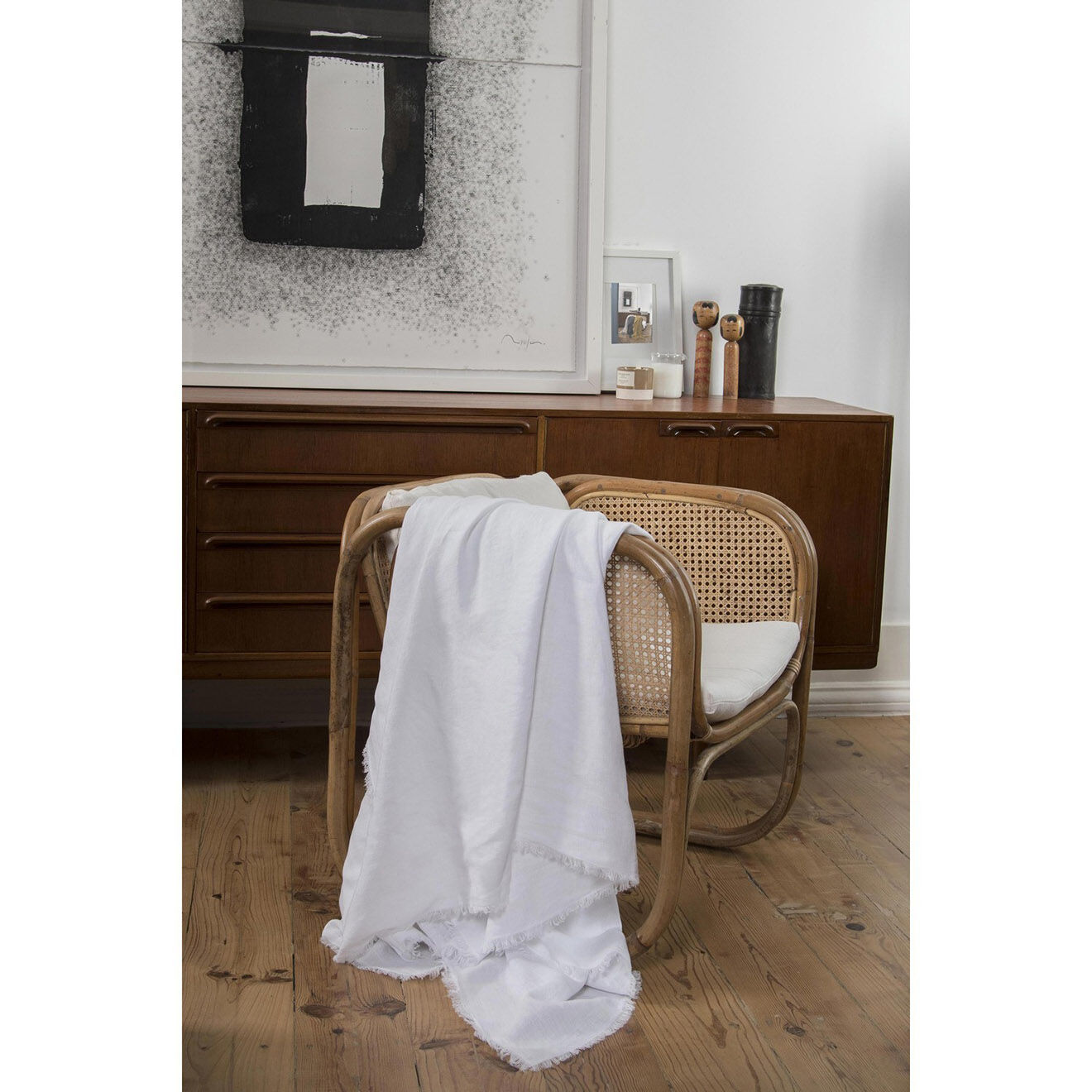 Febronie Plaid en lin lavé frangé Hortense blanc - 180x260 cm