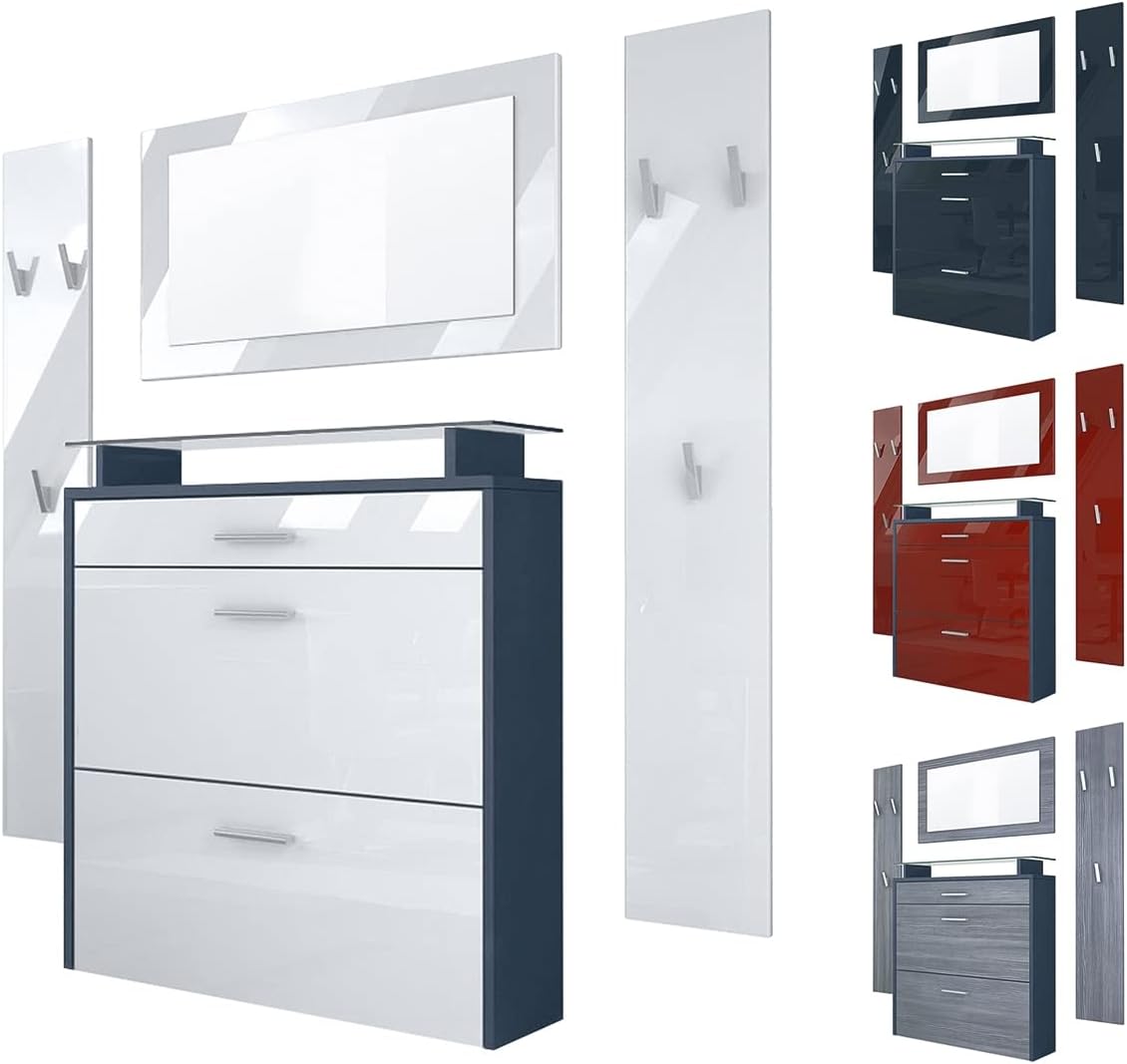 Vladon Garderobe Malea, Garderobenset bestehend aus 1 Hängeschuhschrank, 1 Wandspiegel und 2 Garderobenpaneele, Anthrazit matt/Bordeaux Hochglanz, inkl. LED-Beleuchtung weiß