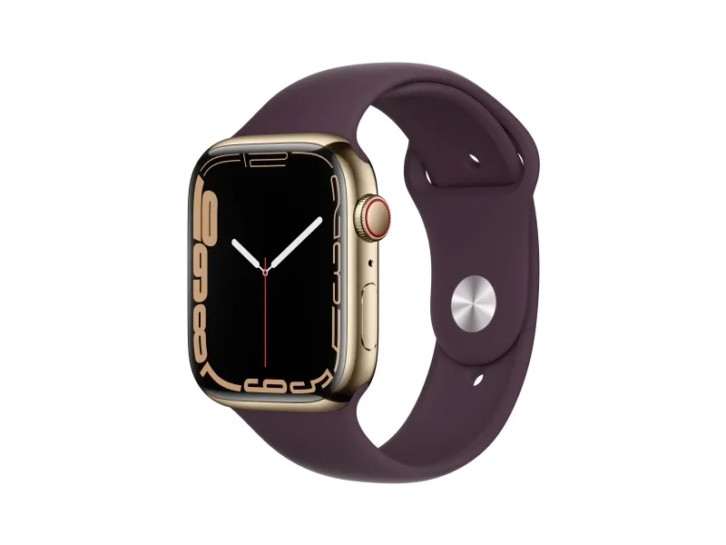 [OUTLET] - Apple Watch Series 7 (GPS   Cellular) - 45 mm - guld rustfrit stål - smart ur med sportsbånd - fluoroelastomer - mørkt kirsebær - båndstørrelse: Almindelig - 32 GB - Wi-Fi, Bluetooth - 4G - 51.5 g