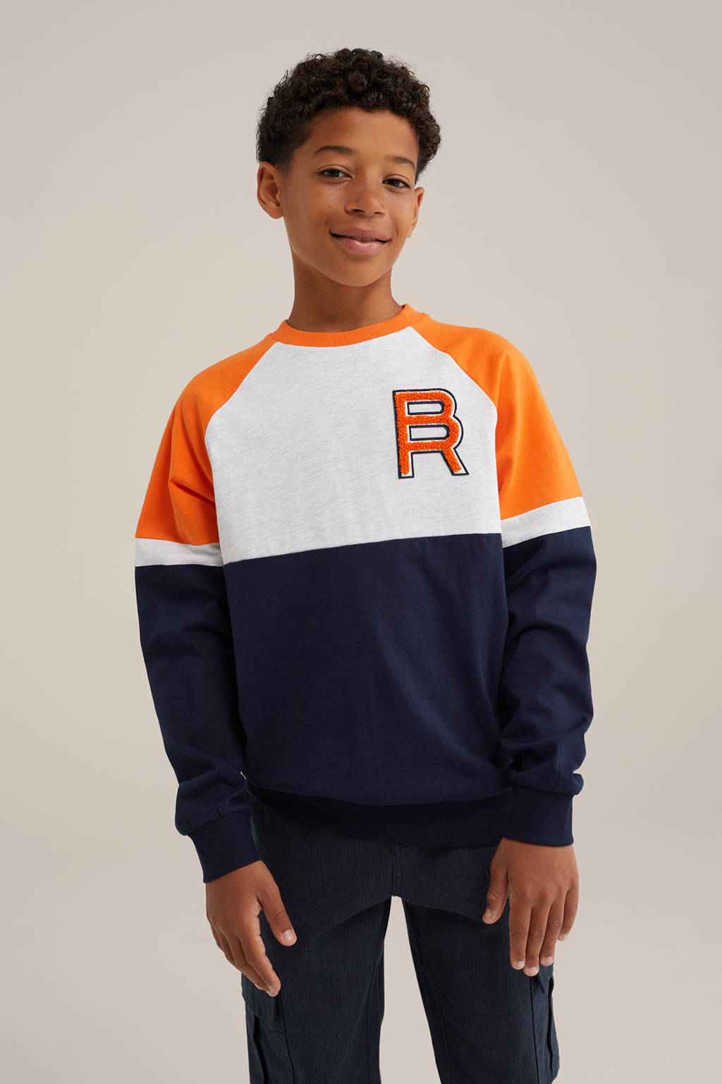 WE Fashion sweater donkerblauw/lichtgrijs/oranje