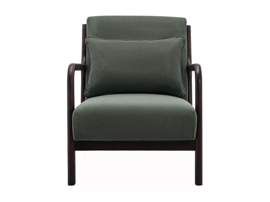 Fauteuil velours côtelé vert . pieds bois d'hévéa teinté wengé. 1 place droit fixe. pieds compas scandinave. structure en bois solide