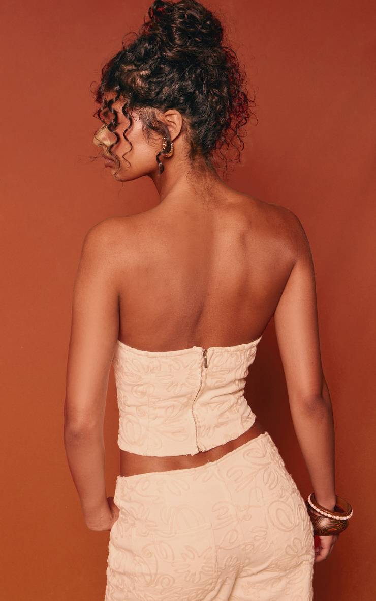 Ecru Top Bandeau En Denim Brodé Floral