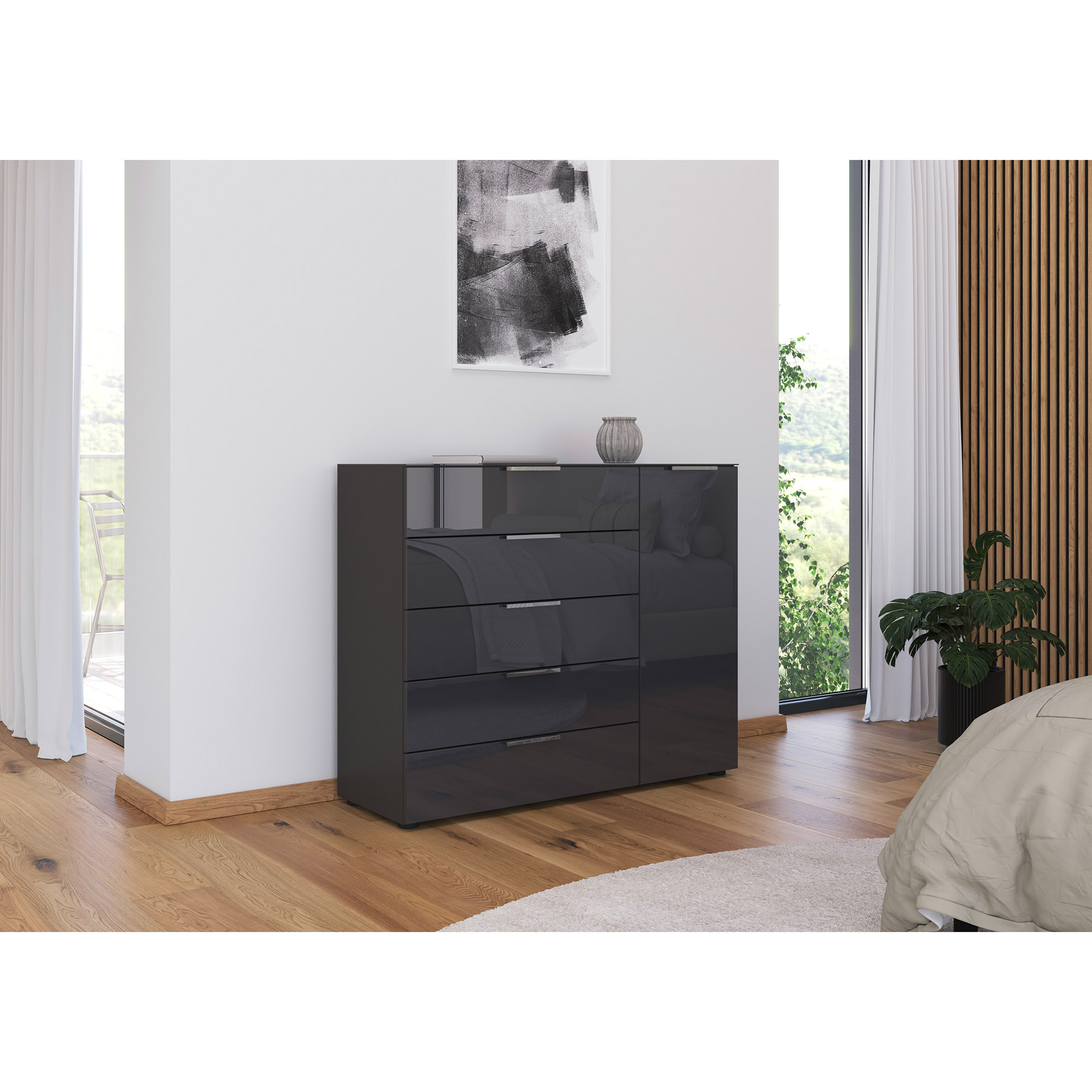 Kommode - graphit-Basaltglas - Chromgriffe - 120 cm