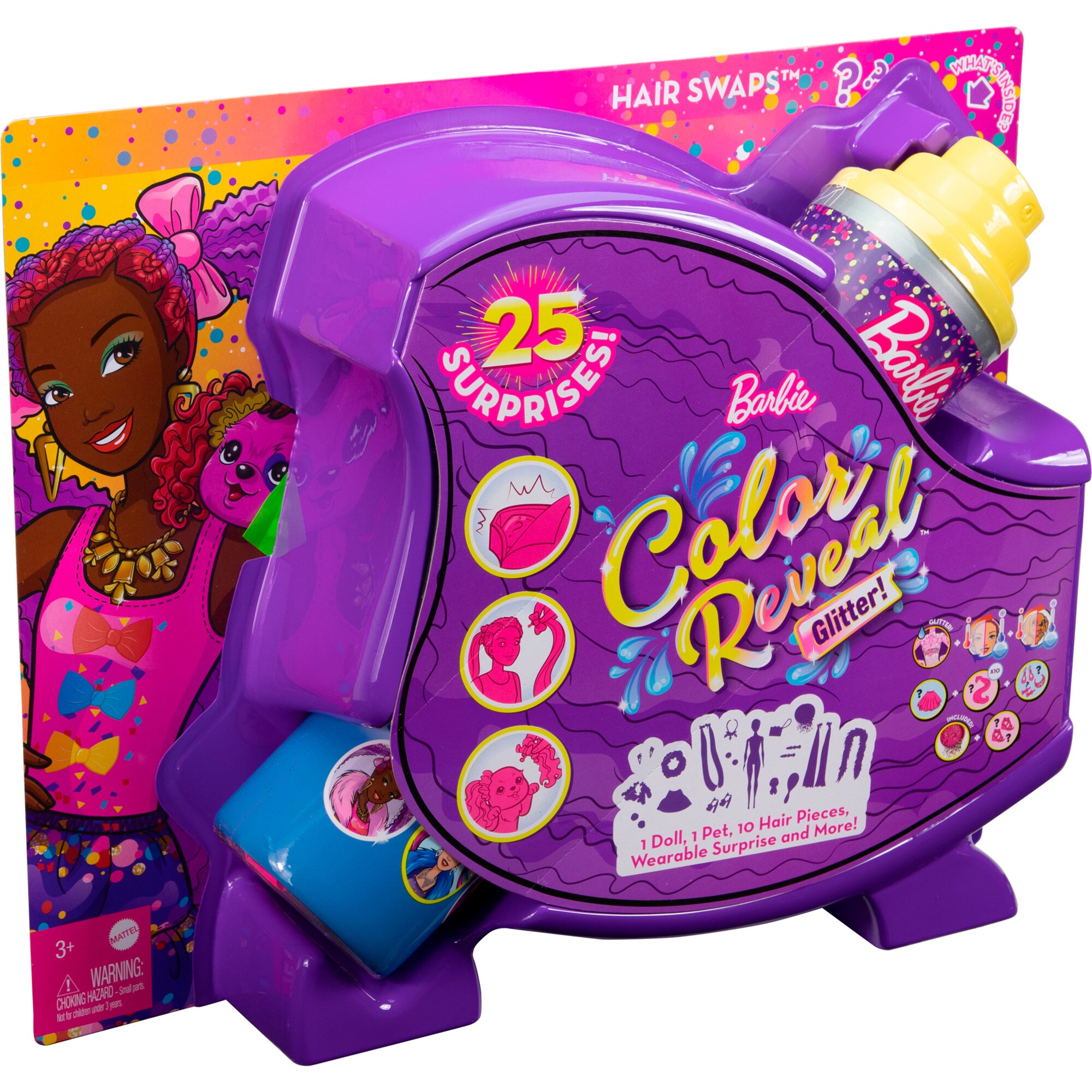 Mattel Puppe Barbie Color Reveal Glitzer! Haarwechsel Puppe Glitzerblau mit 25 Überraschungen