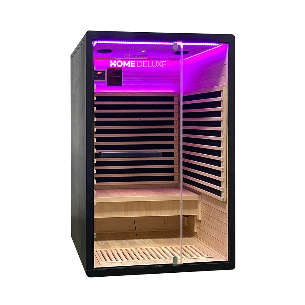 Home Deluxe – Infraroodcabine – NERO - M – 120 x 105 x 190 cm – voor 2 personen, 4 koolstofpaneelverwarmers – Hout: Hemlockspar | Infraroodsauna, sauna, warmtecabine, infrarood